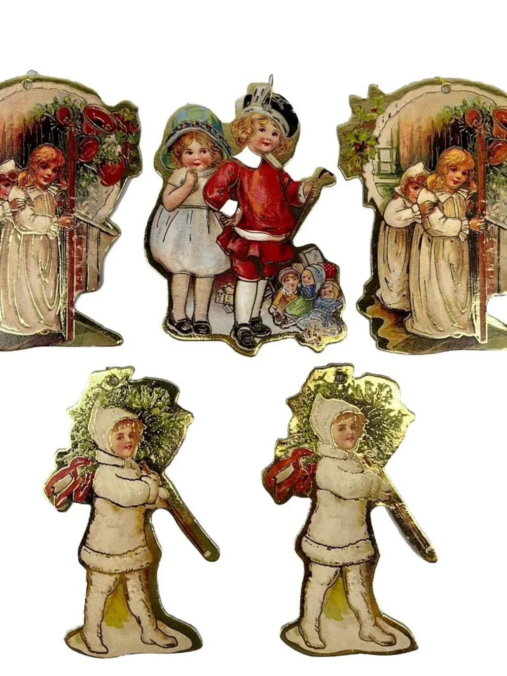 Vintage Christmas Ornaments Die Cut Cardboard Victorian Children Lot of 5